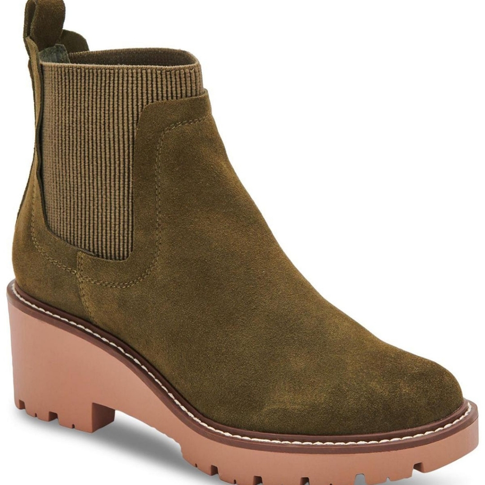 AQUA COLLEGE Womens Green Chelsea Demi Round Toe Wedge Leather Booties